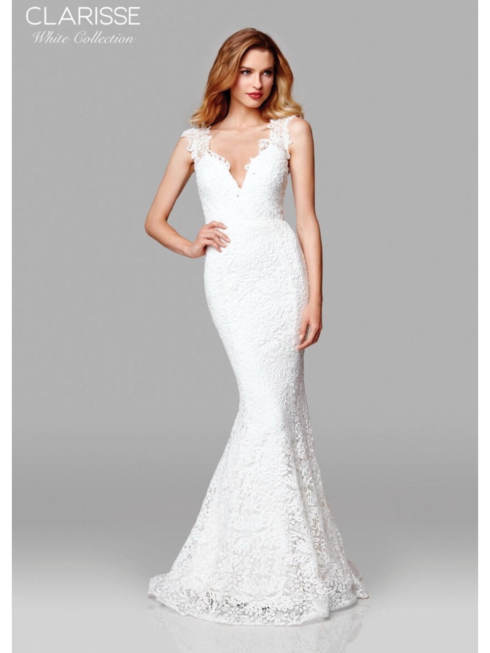 Clarisse White Lace V-Neck Wedding Gown